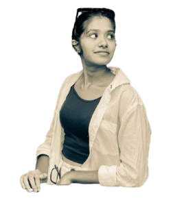 A girl in a white shirt with a thinking expression